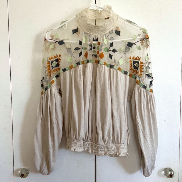 Free People Embroidered Mesh Yoke Cotton & Linen-Blend Top - Picture 2 of 7